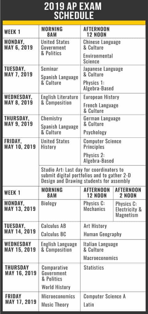 2019 AP Exam Schedule