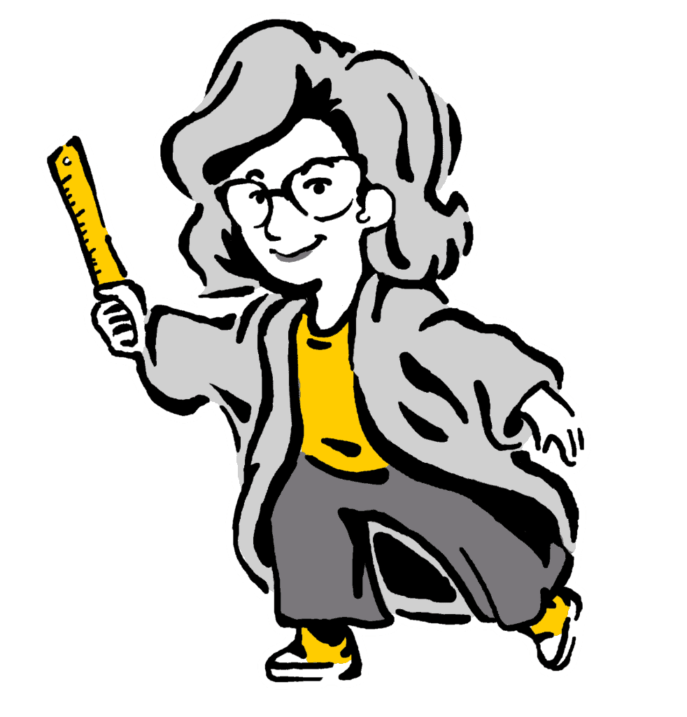 Cartoon character with glasses, long hair, and a robe, holding a ruler in a raised hand.