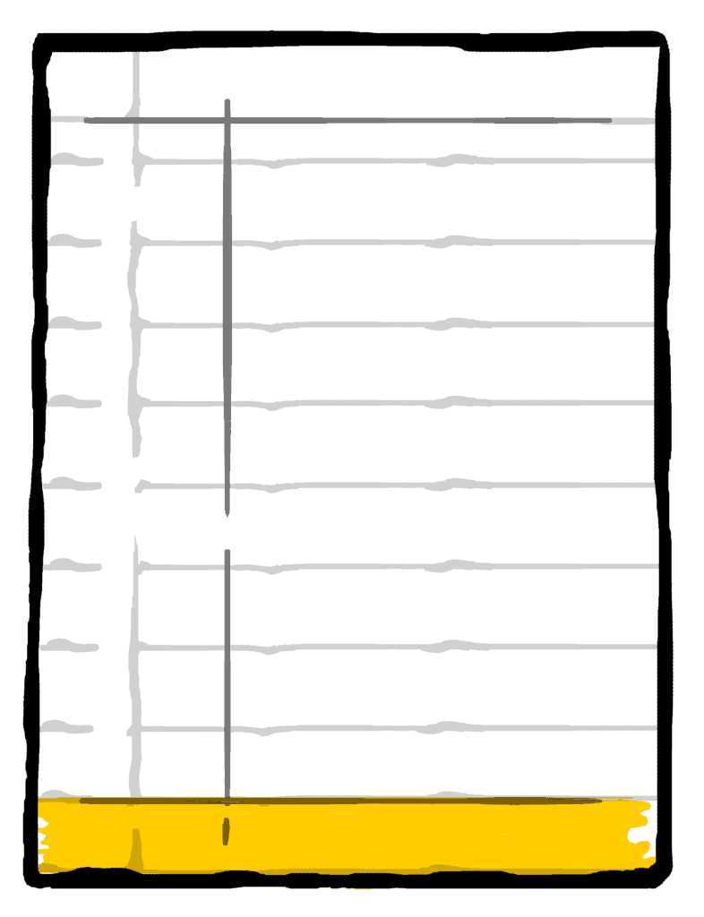 Lined notepad with a vertical and horizontal line intersecting near the top left. There is a yellow strip at the bottom.