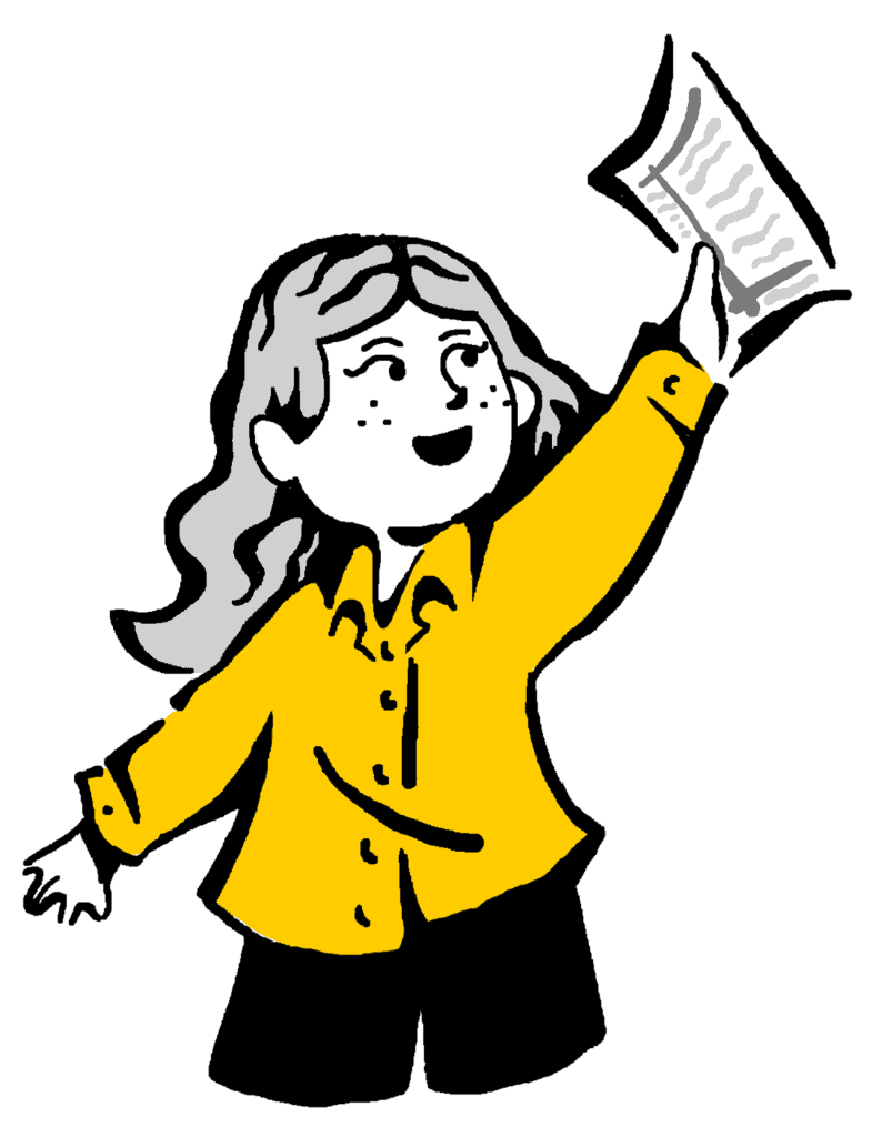 A cartoon girl with wavy hair, wearing a yellow shirt and black pants, holds up a document with one hand and smiles.