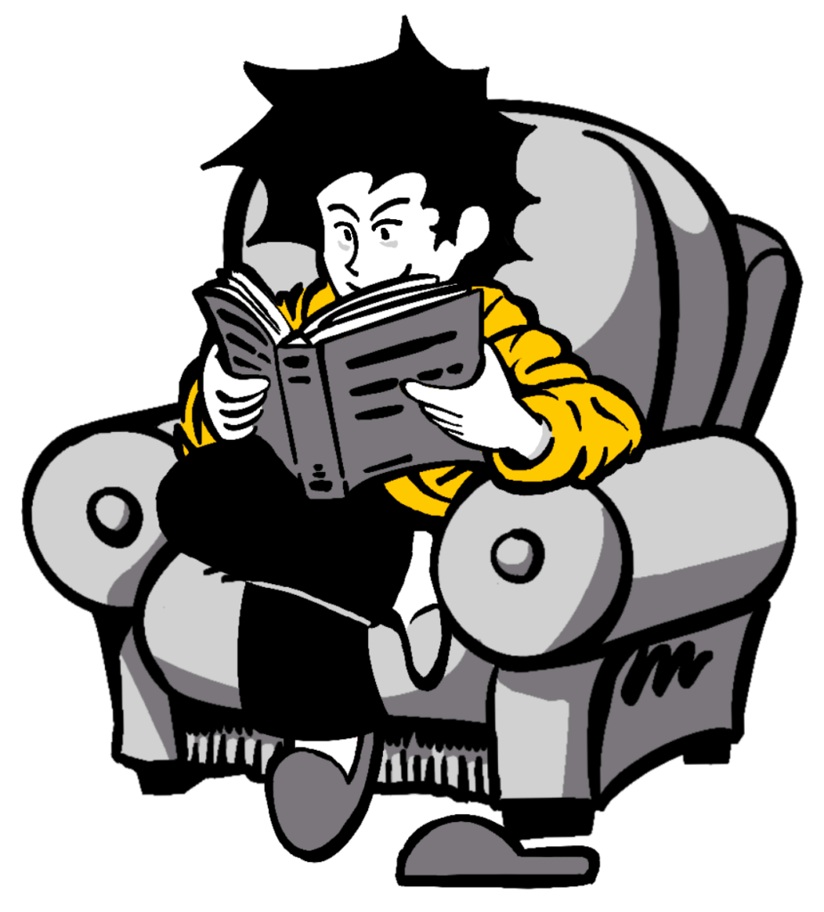 Cartoon character with spiky hair, wearing a yellow sweater, sits on an armchair reading a book.