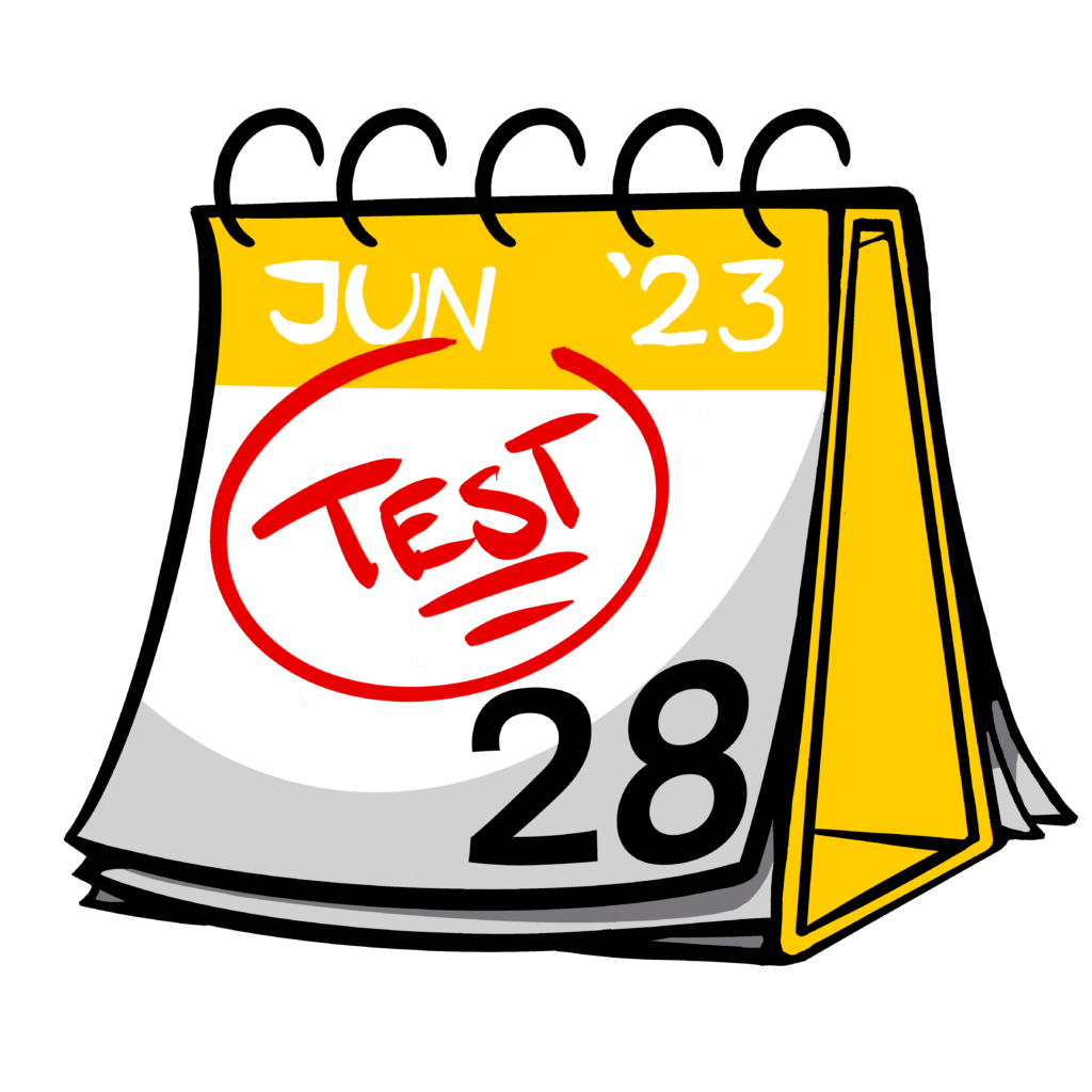 A yellow desk calendar shows the date June 28, 2023, with the word "TEST" circled in red.